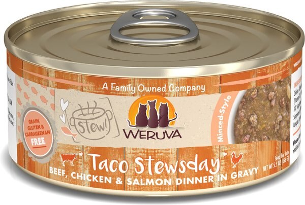 Weruva Classic Cat Taco Stewsday Beef, Chicken & Salmon in Gravy Canned Cat Food, 5.5-oz can, case of 8 slide 1 of 7