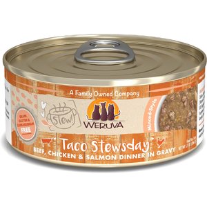 Weruva Classic Cat Taco Stewsday Beef, Chicken & Salmon in Gravy Canned Cat Food, 5.5-oz can, case of 8