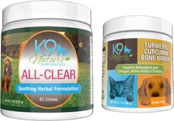 K9 Nature Supplements Allergy Bundle with All-Clear Allergy Treats & Turmeric Curcumin Bone Broth Dog Supplement, 45 count
