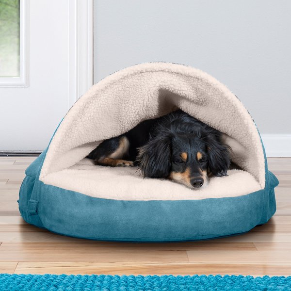 FurHaven Faux Sheepskin Snuggery Gel Top Cat & Dog Bed w/Removable Cover, Blue, 26-in slide 1 of 9