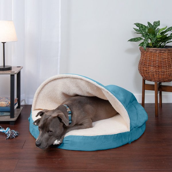 FurHaven Faux Sheepskin Snuggery Gel Top Cat & Dog Bed with Removable Cover, Blue, 35-in slide 1 of 9