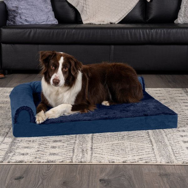 FurHaven Plush Deluxe Chaise Memory Top Cat & Dog Bed w/Removable Cover, Deep Sapphire, Large slide 1 of 8