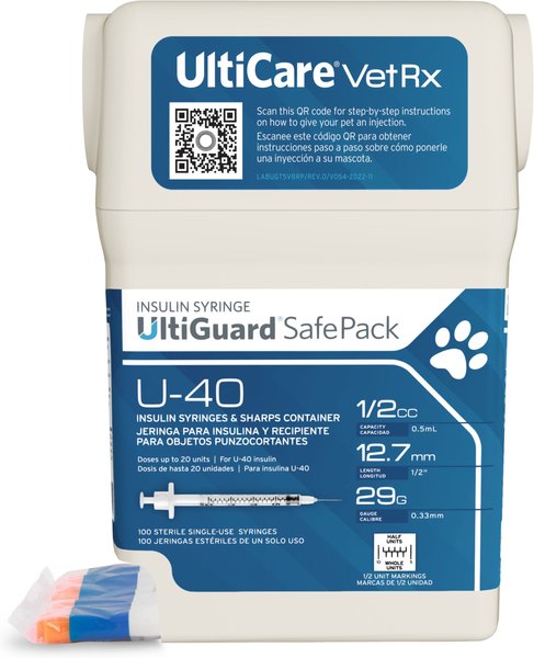 UltiCare VetRx UltiGuard SafePack Insulin Syringes and Sharps Container U-40 12.7mm x 29G with 1/2 Unit Markings, 0.5-cc, 100 syringes slide 1 of 9