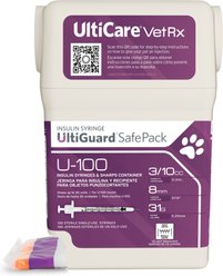 UltiCare VetRx UltiGuard SafePack Insulin Syringes and Sharps Container U-100 8mm x 31G with 1/2 Unit Markings, 0.3-cc, 100 syringes