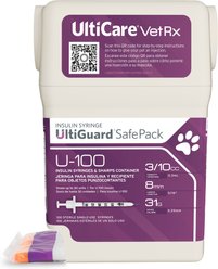 UltiCare VetRx UltiGuard SafePack Insulin Syringes and Sharps Container U-100 8mm x 31G, 0.3-cc, 100 syringes