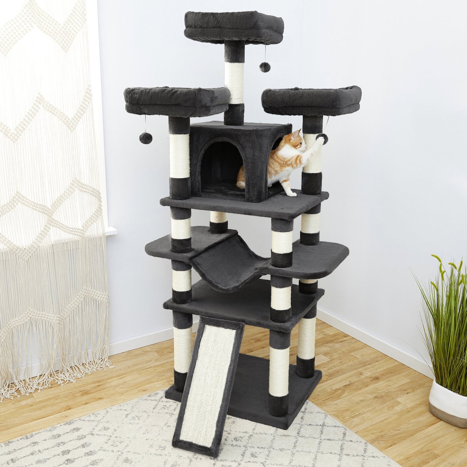 FRISCO 68in Faux Fur Cat Tree & Condo, Dark Charcoal