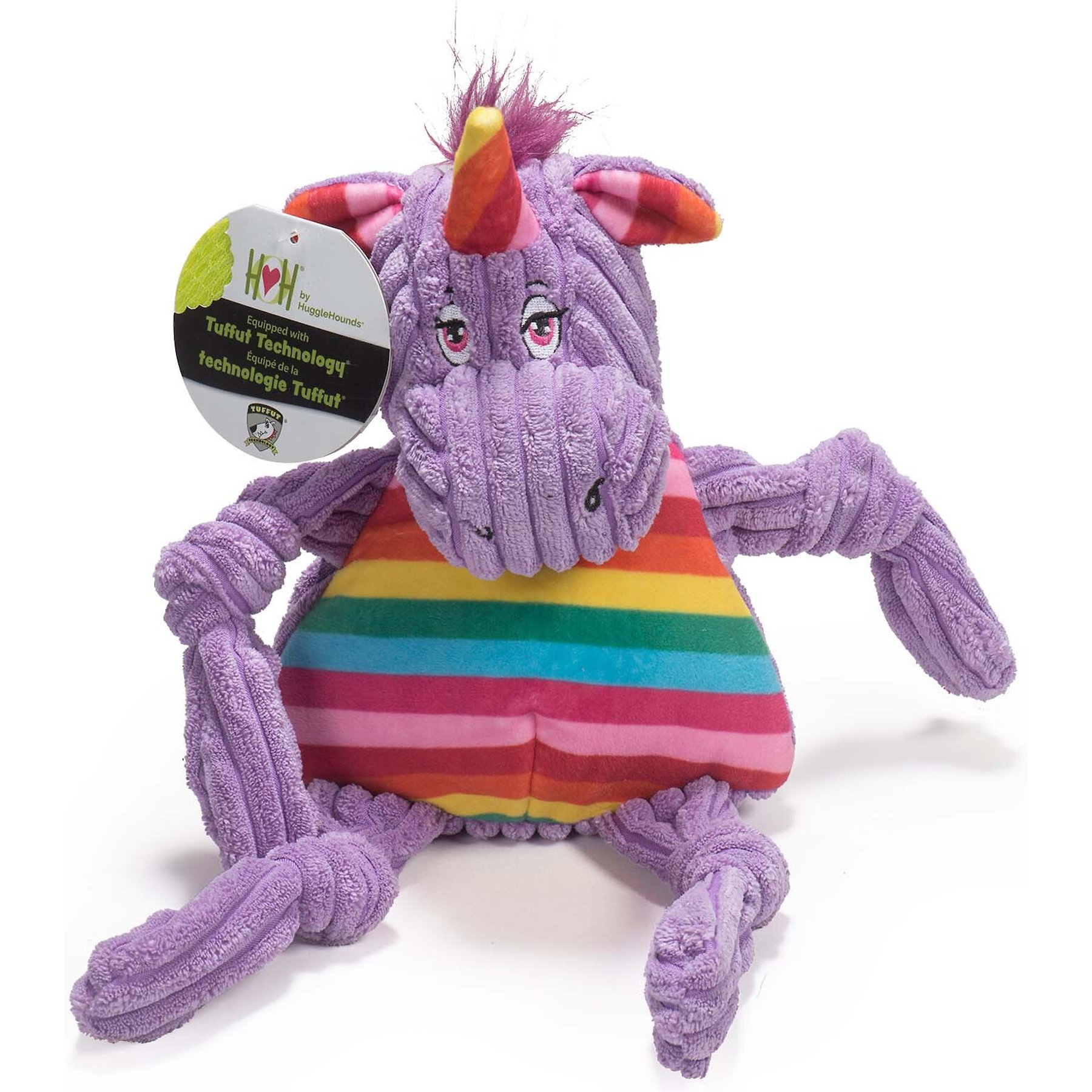 HuggleHounds Rainbow Durable Plush Corduroy Knotties Squeaky Dog Toy, Unicorn, Large