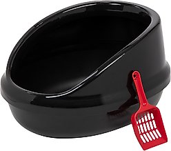 IRIS USA Large High-Back Open Top Cat Litter Pan with Scatter Shield & Scoop, Black