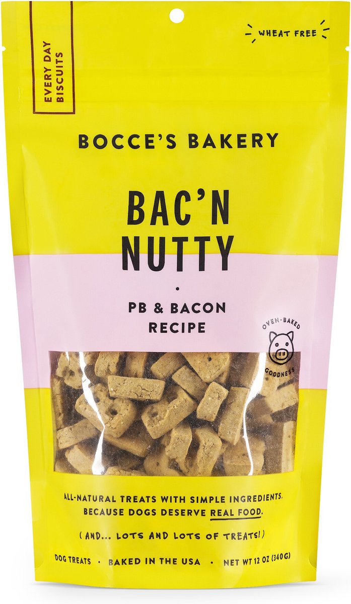 BOCCE'S BAKERY Bac'n Nutty Biscuits PB & Bacon Recipe Dog Treats, 12oz bag