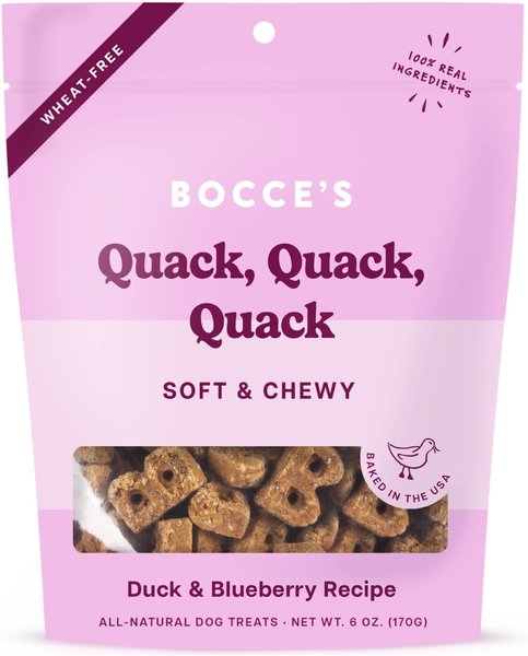 Bocce's Bakery Quack Quack Quack Duck & Blueberry Recipe Soft & Chewy Dog Treats, 6-oz bag slide 1 of 2