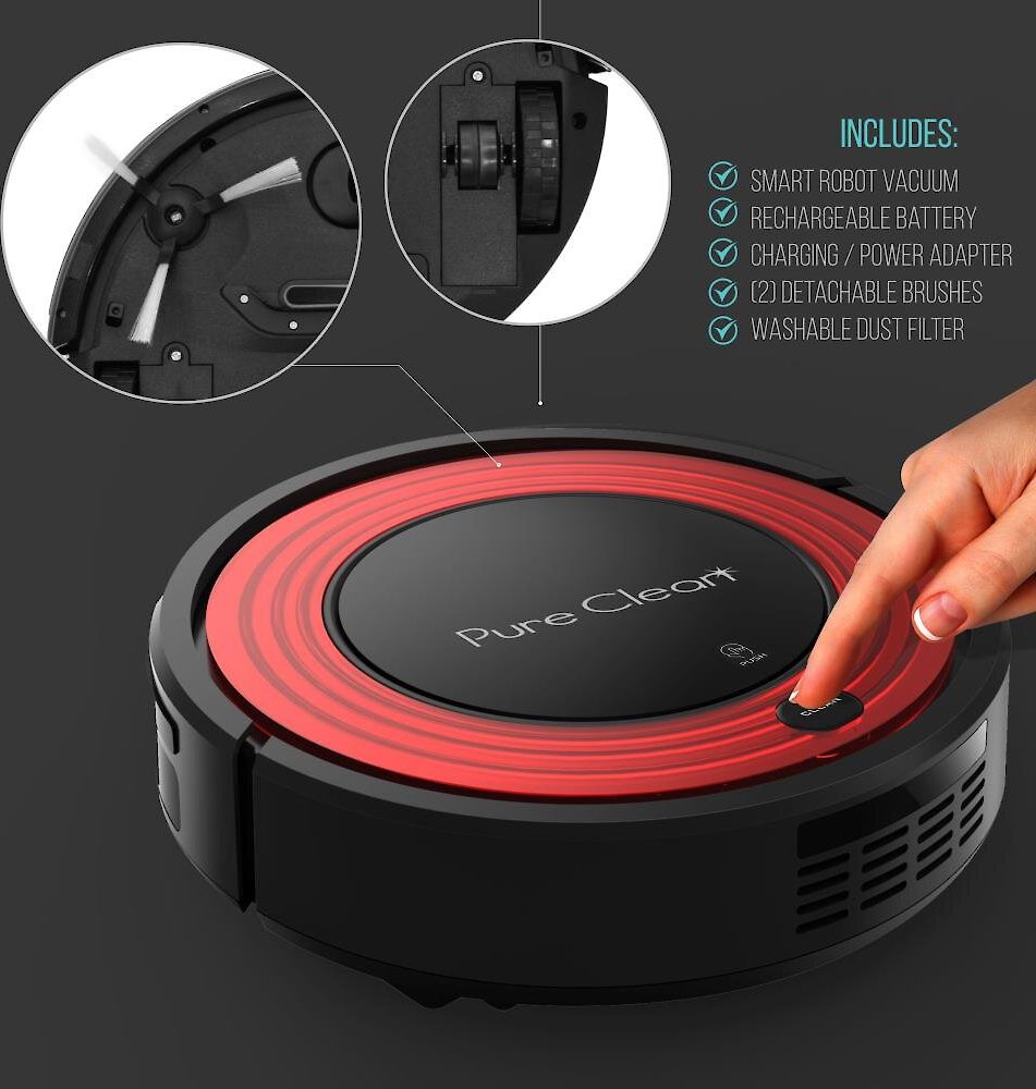 PURE CLEAN Automatic Programmable Robot Vacuum Cleaner, Red