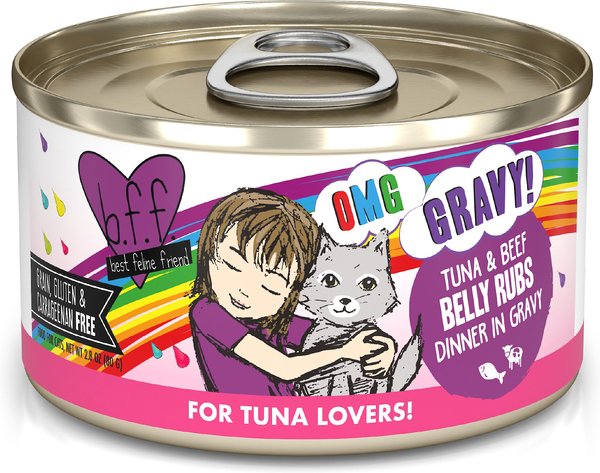 BFF OMG Belly Rubs! Tuna & Beef Wet Canned Cat Food, 2.8-oz can, case of 12 slide 1 of 10