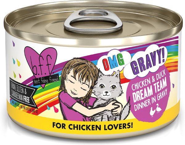 BFF OMG Dream Team! Chicken & Duck in Gravy Wet Canned Cat Food, 2.8-oz can, case of 12 slide 1 of 10