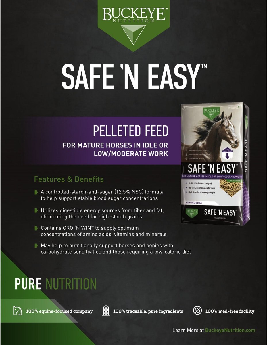 BUCKEYE NUTRITION Safe N' Easy Pelleted MolassesFree Horse Feed, 50lb