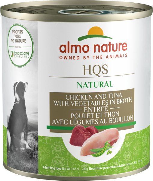 Almo Nature HQS Natural Chicken & Tuna with Vegetables Canned Dog Food, 9.87-oz can, case of 12 slide 1 of 9