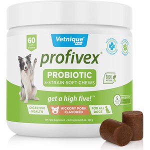 Vetnique Labs Profivex Probiotic Hickory Pork Flavored Soft Chew Digestive Supplement for Dogs, Prebiotic & Fiber Soft Chew Dog Supplement, 60 count