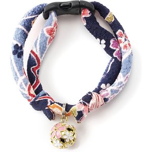 Necoichi Chirimen Sakura Breakaway Cat Collar with Bell, Blue, 8.2 to 13.7-in neck, 2/5-in wide