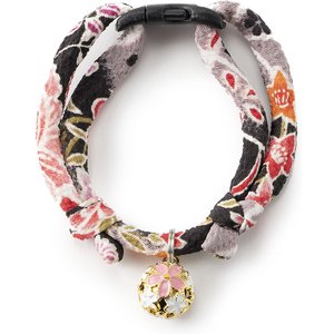 Necoichi Chirimen Sakura Breakaway Cat Collar with Bell, Black, 8.2 to 13.7-in neck, 2/5-in wide
