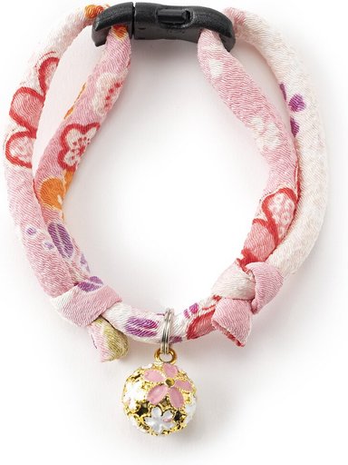 Necoichi Chirimen Sakura Breakaway Cat Collar with Bell, Pink, 8.2 to 13.7-in neck, 2/5-in wide
