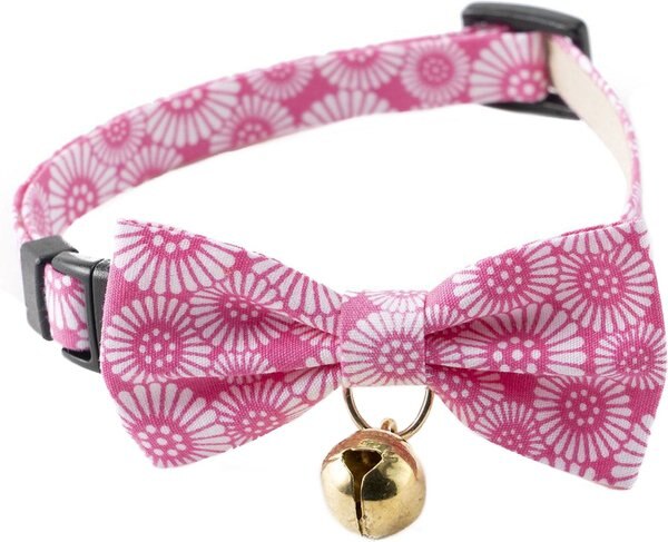 Necoichi Kiku Ribbon Bow Tie Cotton Breakaway Cat Collar with Bell, Pink, 8.2 to 13.7-in neck, 2/5-in wide slide 1 of 8