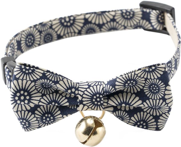 Necoichi Kiku Ribbon Bow Tie Cotton Breakaway Cat Collar with Bell, Navy, 8.2 to 13.7-in neck, 2/5-in wide slide 1 of 9