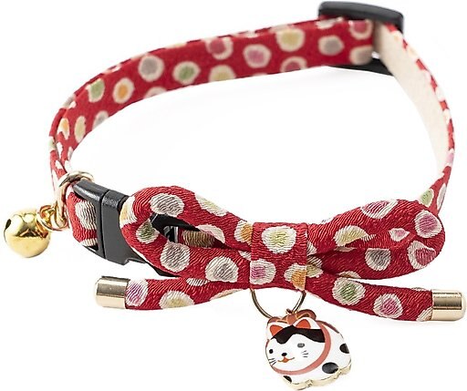 Necoichi ZEN Hariko Charm Cotton Breakaway Cat Collar with Bell, Red, 8.2 to 13.7-in neck, 2/5-in wide