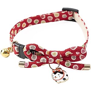 Necoichi ZEN Hariko Charm Cotton Breakaway Cat Collar with Bell, Red, 8.2 to 13.7-in neck, 2/5-in wide
