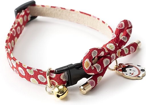 Necoichi ZEN Hariko Charm Cotton Breakaway Cat Collar with Bell, Red, 8.2 to 13.7-in neck, 2/5-in wide