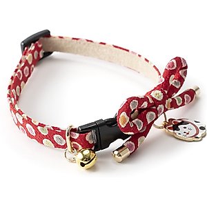Necoichi ZEN Hariko Charm Cotton Breakaway Cat Collar with Bell, Red, 8.2 to 13.7-in neck, 2/5-in wide