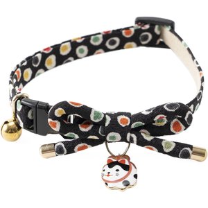 Necoichi ZEN Hariko Charm Cotton Breakaway Cat Collar with Bell, Black, 8.2 to 13.7-in neck, 2/5-in wide