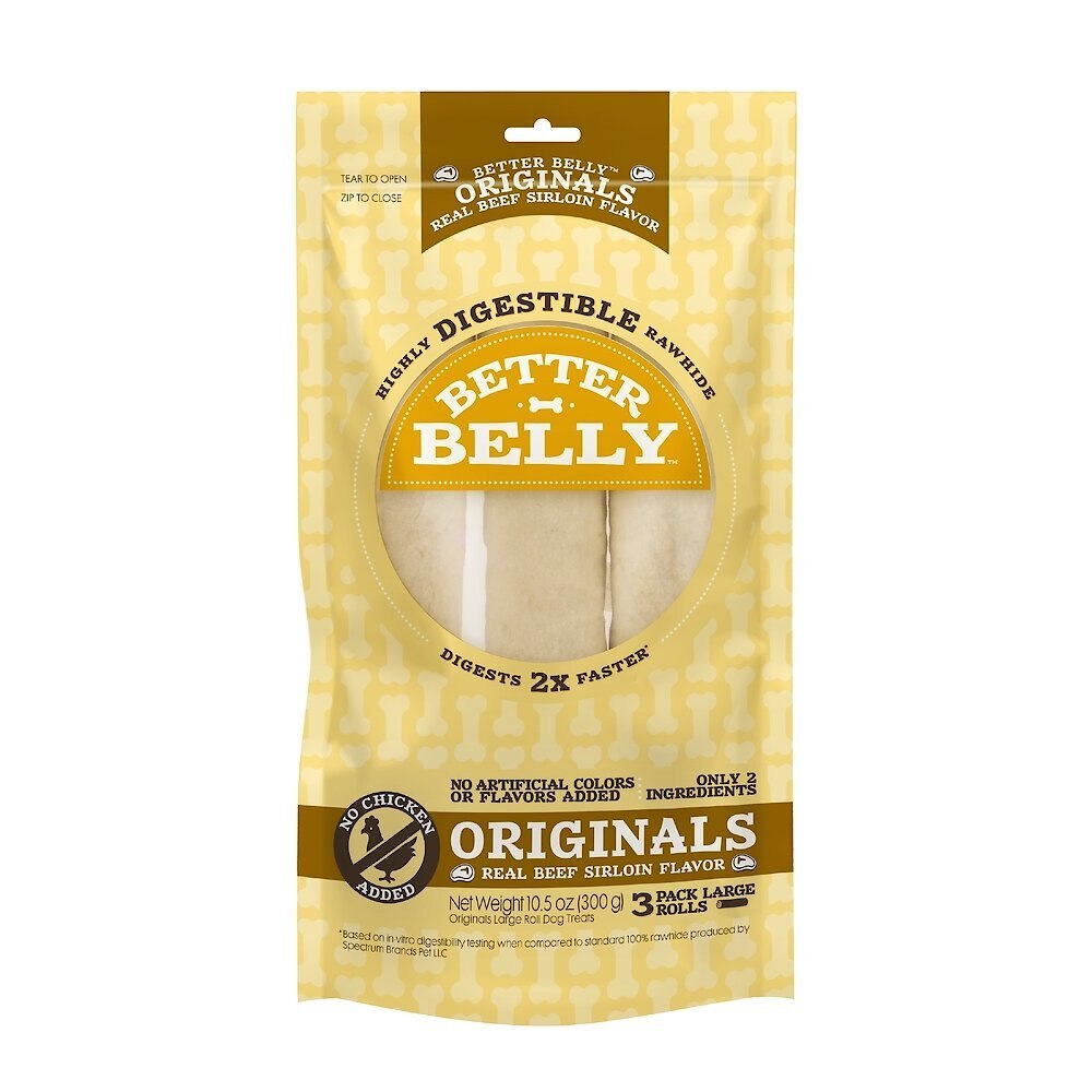 BETTER BELLY Originals Real Beef Sirloin Flavor Rawhide Roll Dog Treats, Large, 3 count Customer