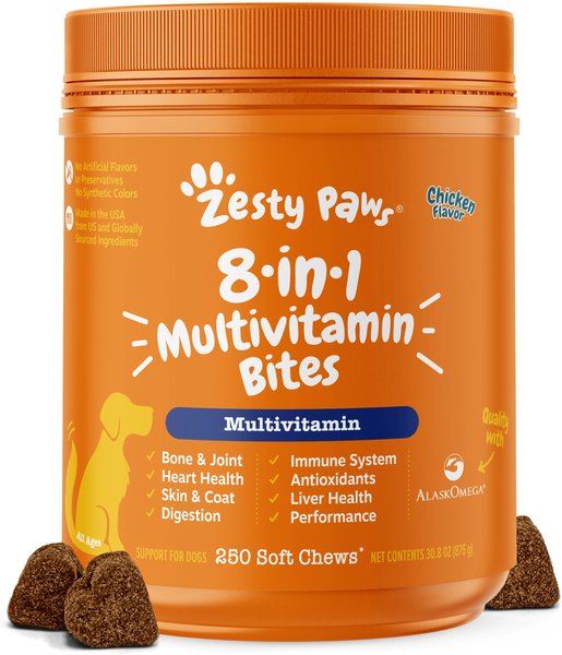 Zesty Paws Multivitamin 8-in-1 Bites Chicken Flavored Soft Chews Supplement for Dogs, 250 count slide 1 of 10