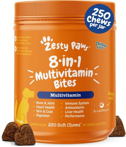 ZESTY PAWS Multivitamin 8in1 Bites Chicken Flavored Soft Chews Supplement for Dogs, 250 count