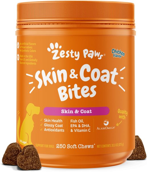 Zesty Paws Omega Bites Chicken Flavored Soft Chews Skin & Coat Supplement for Dogs, 250 count slide 1 of 11