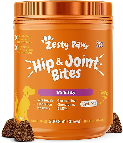 Zesty Paws Hip & Joint Mobility Bites Duck Flavored Soft Chews Glucosamine Supplement for Dogs, 250 count slide 1 of 10