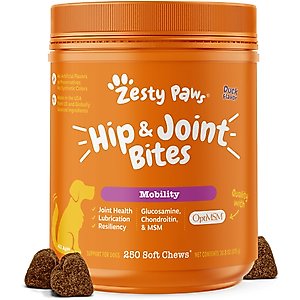 Zesty Paws Hip & Joint Mobility Bites Duck Flavored Soft Chews Glucosamine Supplement for Dogs, 250 count