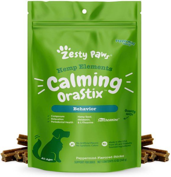 

Zesty Paws Hemp Elements Calming OraStix Peppermint Flavored Dental Chews Calming Supplement for Dogs, 12-oz bag slide 1 of 9