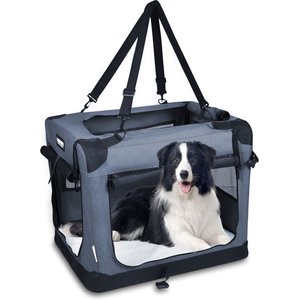JESPET 27'' Soft Dog Crates Kennel for Pets, 3 Door Soft Sided Folding  Travel Pet Carrier with Straps and Fleece Mat for Dogs, Cats, Rabbits, Grey