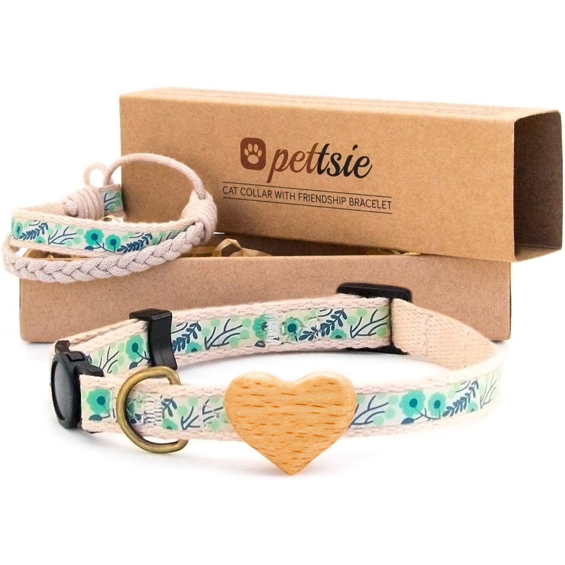 Pettsie Heart Cotton Breakaway Cat Collar with Friendship Bracelet, Green, 8 to 11-in neck, 3/8-in wide
