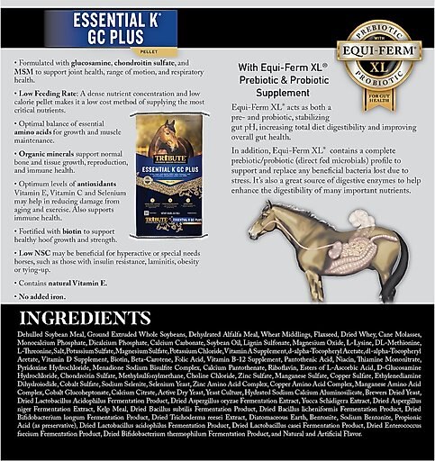 Tribute Equine Nutrition Essential K GC Plus Low-NSC, Joint Support Horse Feed, 50-lb bag