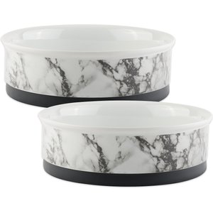 Bone Dry Non-Skid White Marble Ceramic Dog & Cat Bowl Set, 0.75-cup, 2 count