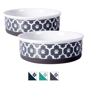 Bone Dry Paw Lattice Print Non-Skid Ceramic Dog & Cat Bowl Set, 0.75-cup, 2 count, Grey