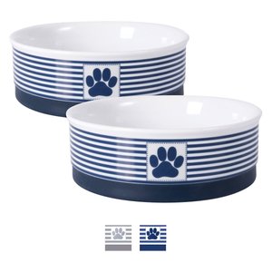 Bone Dry Striped Non-Skid Ceramic Dog & Cat Bowl Set, 0.75-cup, 2 count, Nautical Blue