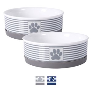 Bone Dry Striped Non-Skid Ceramic Dog & Cat Bowl Set, 1.5-cup, 2 count, Grey