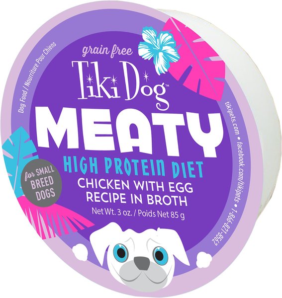 Tiki Dog Meaty High Protein Diet Chicken with Egg Recipe in Broth Grain-Free Wet Dog Food, 3-oz cup, case of 4 slide 1 of 7