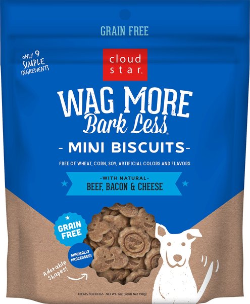 Cloud Star Wag More Bark Less Grain-Free Oven Baked Beef, Bacon & Cheese Mini Biscuits Dog Treats, 7-oz bag slide 1 of 5