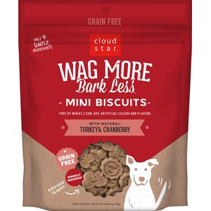 Cloud Star Wag More Bark Less Grain-Free Oven Baked Turkey & Cranberry Mini Biscuits Dog Treats, 7-oz bag