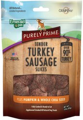Emerald Pet Purely Prime Tender Turkey Sausage Pumpkin & Chia Chicken-Free Dog Treats, 3-oz bag