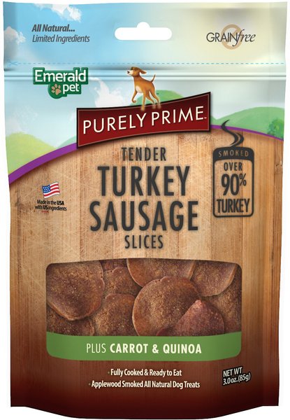Emerald Pet Purely Prime Tender Turkey Sausage Carrot & Quinoa Chicken-Free Dog Treats, 3-oz bag slide 1 of 3