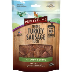 Emerald Pet Purely Prime Tender Turkey Sausage Carrot & Quinoa Chicken-Free Dog Treats, 3-oz bag